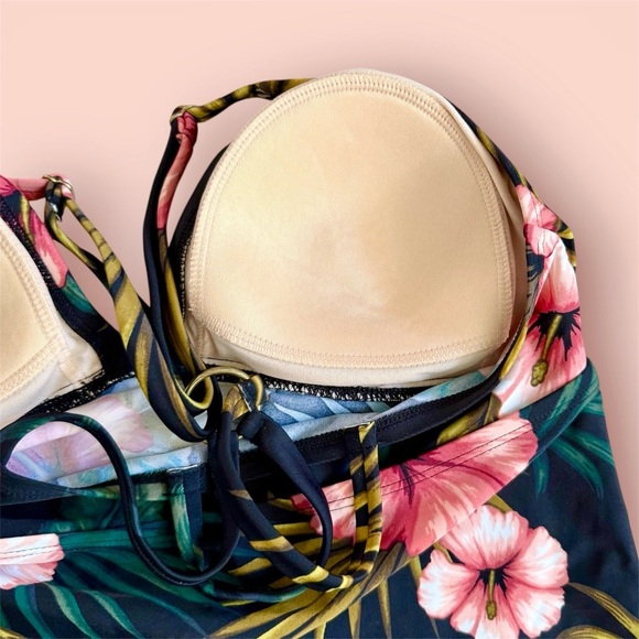 Kona Sol Tropical Black Coral Pink Adjustable Tankini Top Padded Size M - Picture 4 of 6